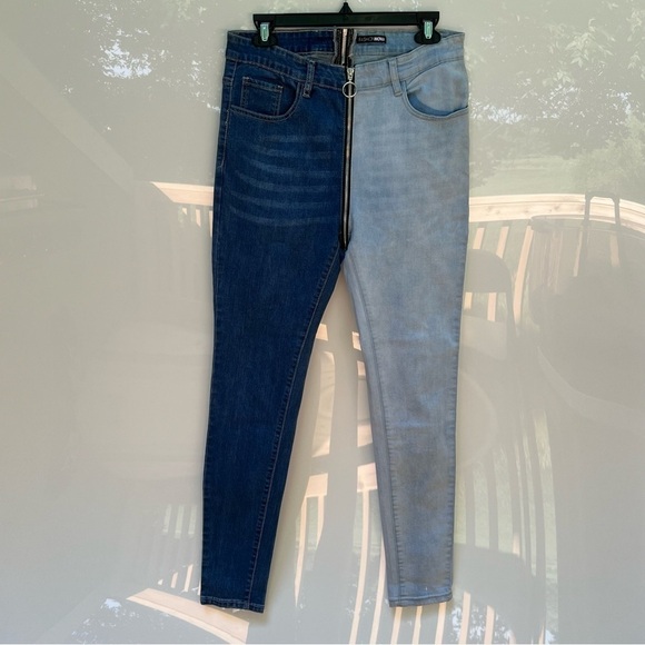 Fashion Nova Change The Panel Two Tone Skinny Jeans - Blue/Combo Full Zip Fly - Picture 2 of 15
